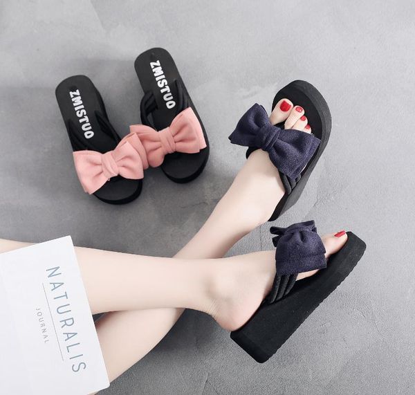 

slippers casual shoes woman 2021 heeled mules platform rubber flip flops low pantofle shale female beach butterfly-knot luxury, Black