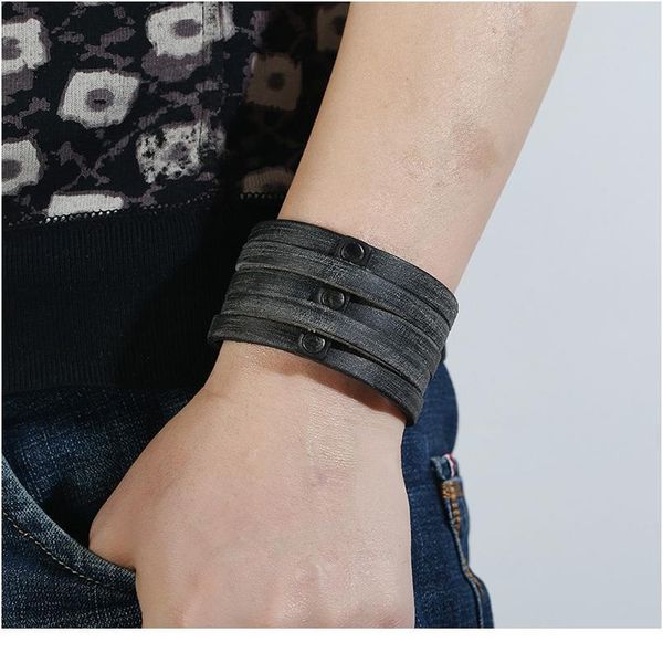 

black punk rock ethnic vintage retro wide handmade leather cuff bangle male men bracelets fashion jewelry wholesale acc jllrgm, Golden;silver