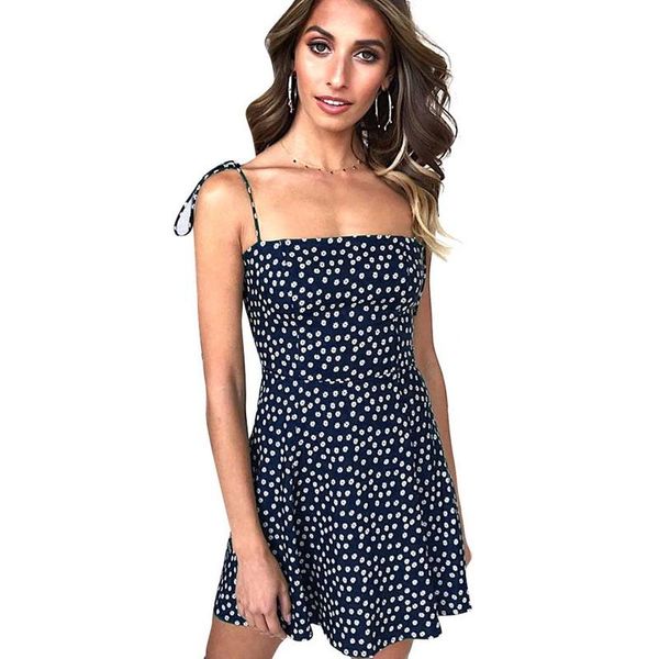 

2021 women summer casual backless dress strap sleeveless mini dress a line high waist dot printing bohemian beach dresses, Black;gray