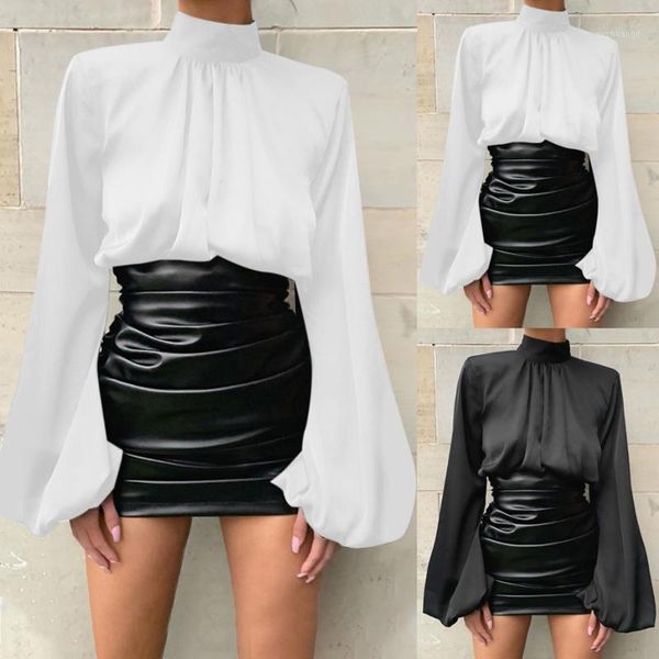 

women's chiffon blouse solid color o-neck loose fold puff long sleeve casual blouse autumn and winter harajuku blusas1, White