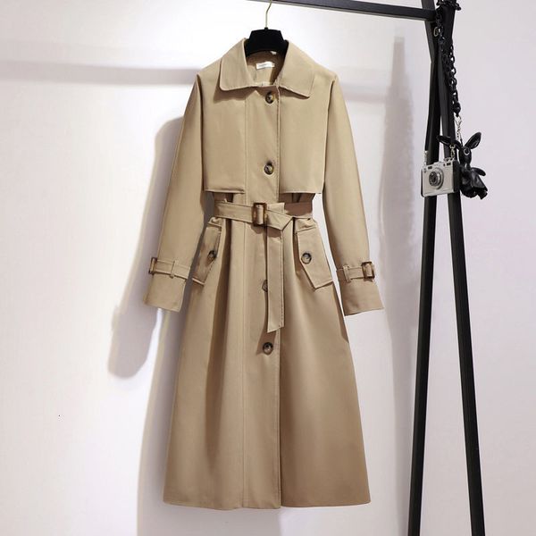 

2020 new khaki trench women's mid-length korean temperament spring windbreaker with belt single breasted long coat r441, Tan;black