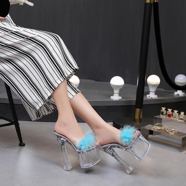 

18cm transparent crystal heel feather platform slippers women summer thick high heel shoes woman fur sandals ws0024, Black