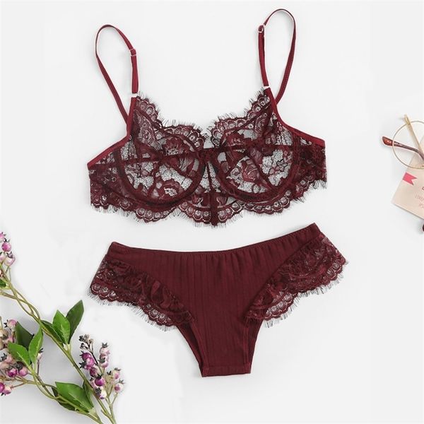 

aduloty lace openwork bra cotton underwear thong women's underwear set full cup rims temptation transparent underwear lj201211, Red;black