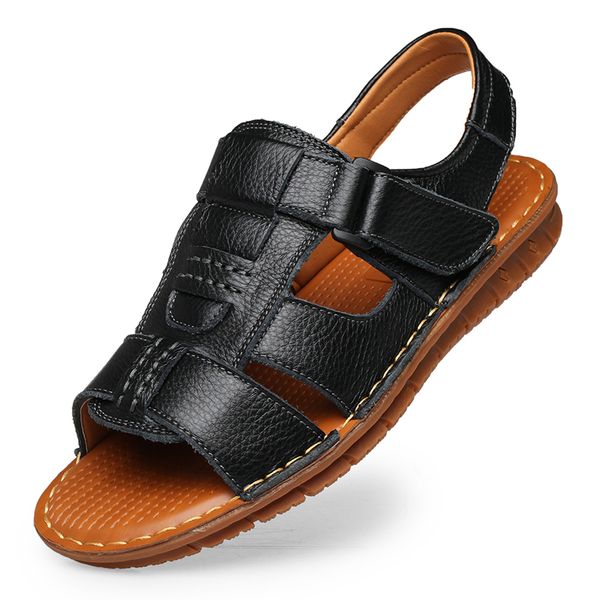 

2019 new men sandals summer hollow out breathable genuine leather casual for driving moccasins flat men sandals t200420, Black