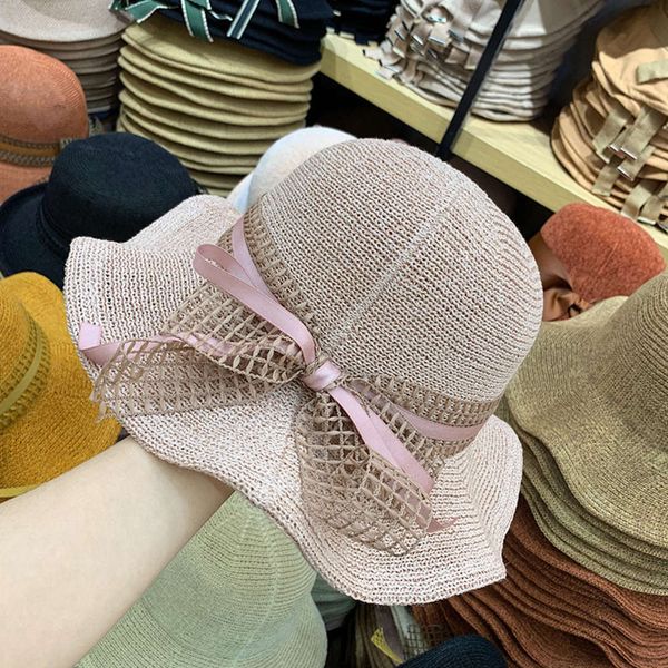 

decorated korean fisherman's bow ear edge summer beach sun straw hat, Blue;gray