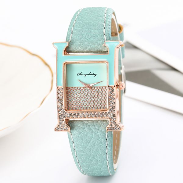 

2020 new women watch letter h desgin dial learher quartz watch diamond square ladies dress wristwatch unique design female clock, Slivery;brown
