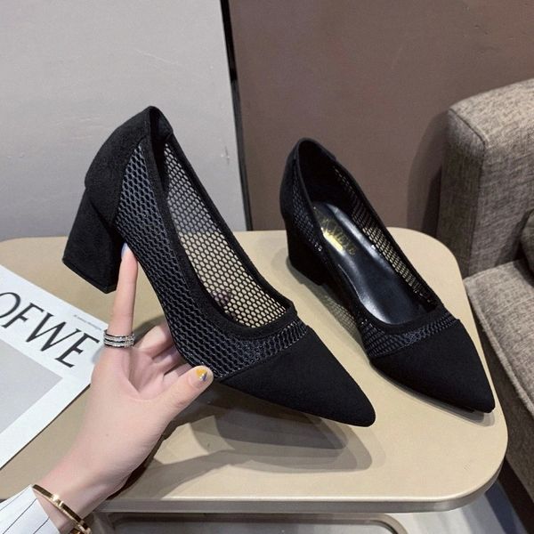 

summer new mesh dot breathable high heel square high heel shallow mouth pointed single shoes 6.5cm heel size 40 zapatos de mujer #0w0x, Black