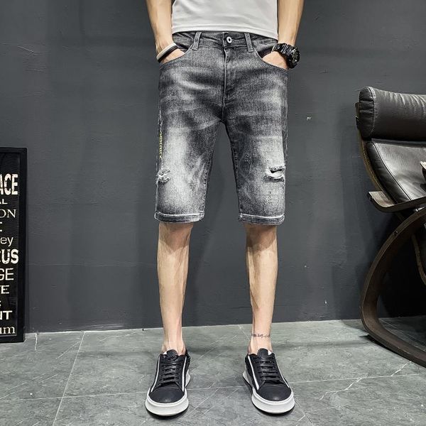 

2020 new style teenager men's denim shorts men's middle pants slim fit elasticity hole & patch embroidered shorts, Blue