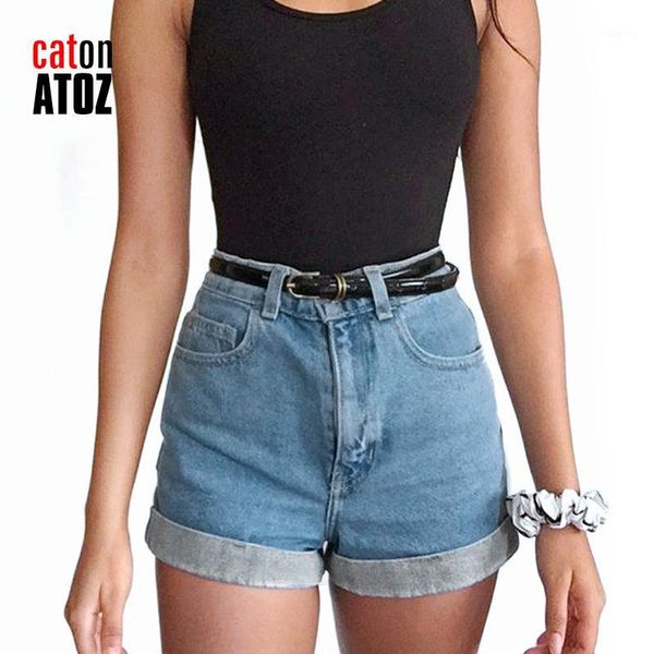 

catonatoz 2213 women high waist shorts ladies cotton side stripe high waist shorts denim pants ripped for woman1, Blue