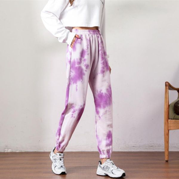 

running pants sports women loose cotton elastic waist tie-dye printed fitness hip-hop dancing trousers sweatpants, Black;blue