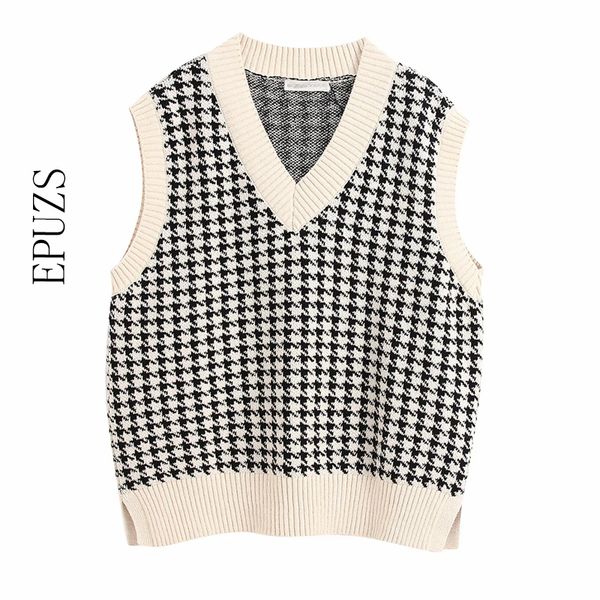 

oversized knitted vest sweater women v neck sleeveless waistcoat autumn winter v neck loose chic knitted sweater 201031, White;black