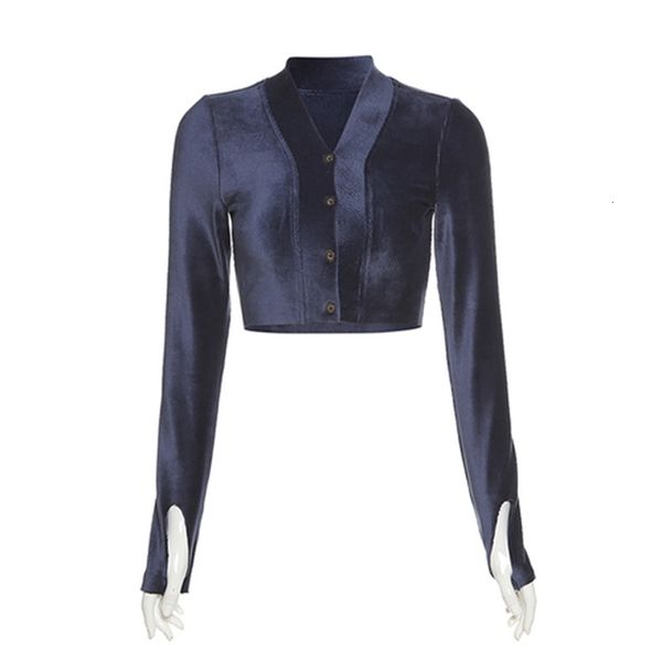 

2021 new female winter clothes vintage girl sweater deep v long harvest blue velvet cut cardigan hole thumb ytsb, White;black