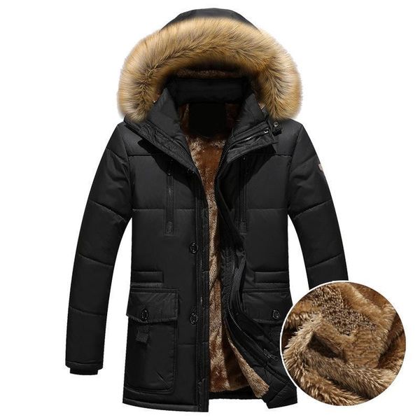 

thick warm parka men fleece fur hood men winter jacket coat military cargo medium-long mens overcoat, Black