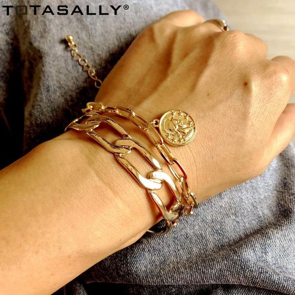 

totasally punk golden bangle bracelets for women vintage alloy cuban link chain coin charms bracelet minimalist jewelry dropship, Black