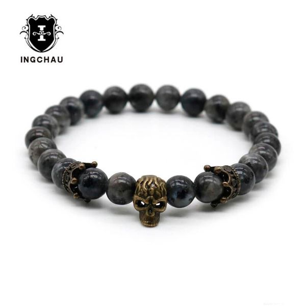 

charm bracelets lava rock stone crown bracelet for men/women vintage silver plated skull men jewelry pulseras hombre drop sk-6, Golden;silver