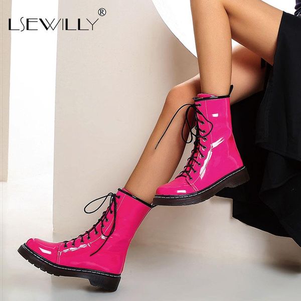 

lsewilly women patent leather ankle boots casual lace-up boots motorcycle shoes warm women autumn winter heels shoes, Black