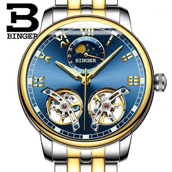 

wristwatches double tourbillon luxury men watch automatic mechanical binger relogio masculino 2021 skeleton1, Slivery;brown