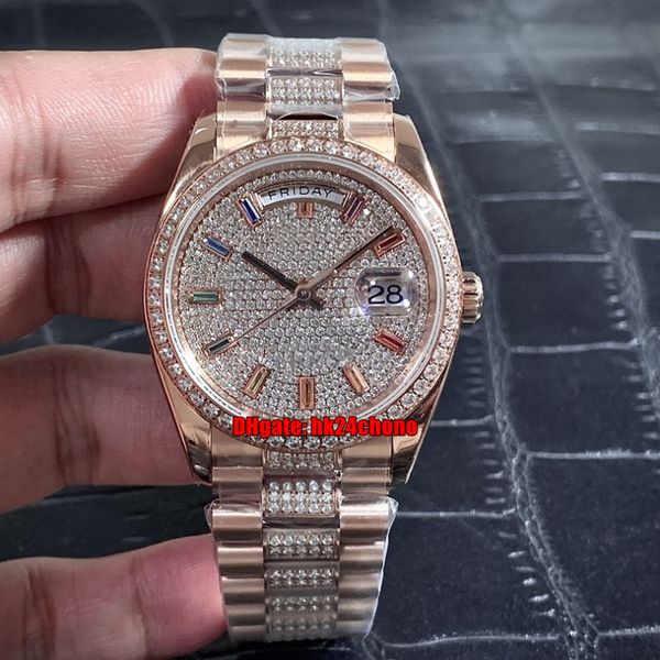 

watches tw 36mm day-date diamond rainbow eta2836 automatic mens womens watch 128345 pavÃ© diamonds dial rose gold bracelet ladies gents wrist, Slivery;brown