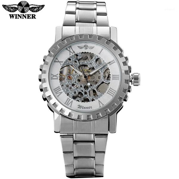 

wristwatches winner fashion brand men sport mechanical watches men's skeleton male steel band relogio masculino1, Slivery;brown