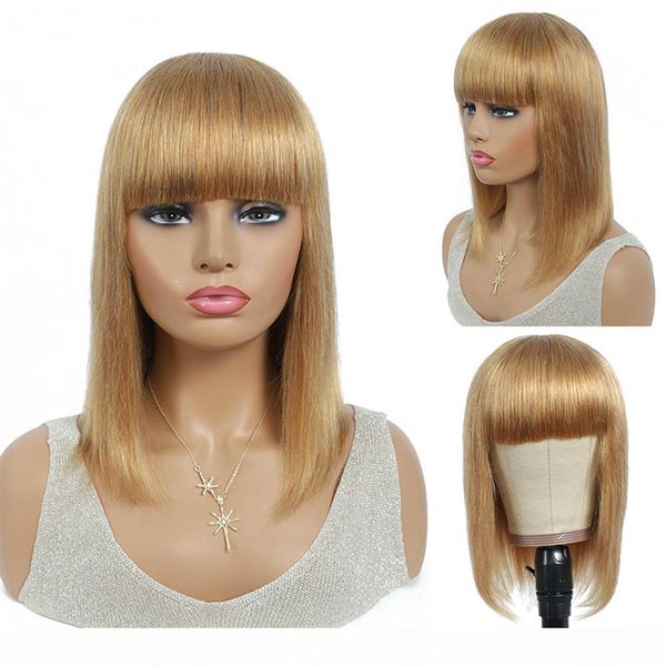 

light brown brazilian straight short bob human hair wigs with bangs for women full machine made wigs, Black;brown