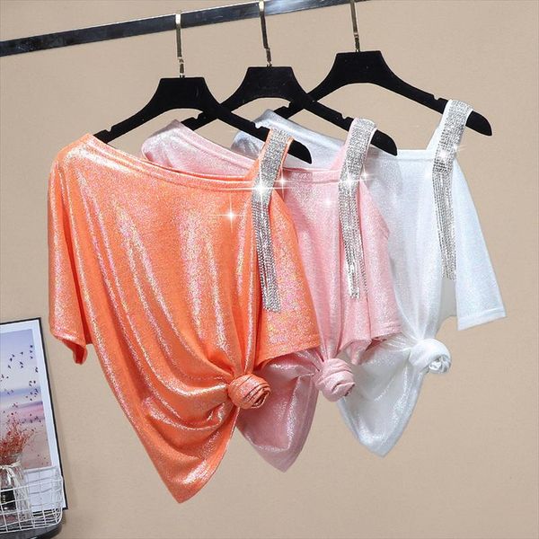 

loose tshirt woman short sleeve t shirt womens new summer fashion off shoulder diamond tassel tshirt lady loose t shirt, White