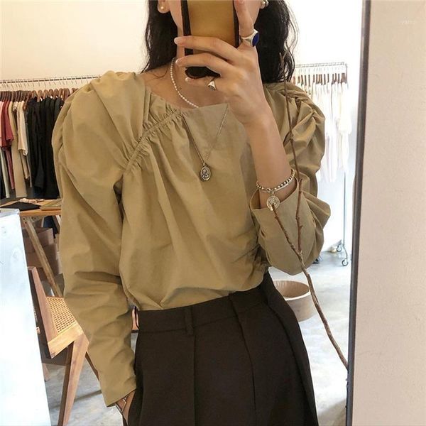 

alien kitty autumn retro blouse cotton office ladies o-neck puff sleeve full-sleeved simple loose solid shirts1, White