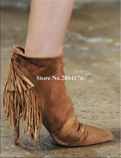 

boots brand design women pointed toe black tassels thin heel short charming fringes high ankle party dress shoes