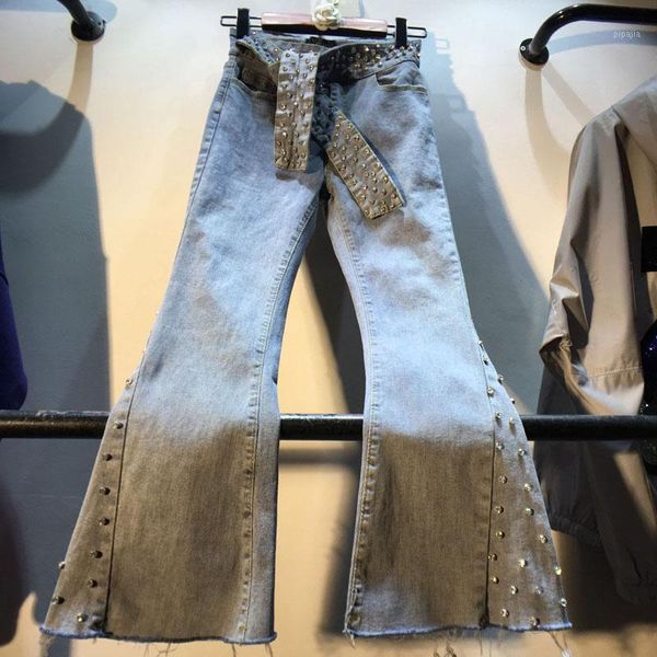 

europe women flare jeans ankle-length beading rhinestone denim pants stretch vintage trousers fashion streetwear autumn 20201, Blue