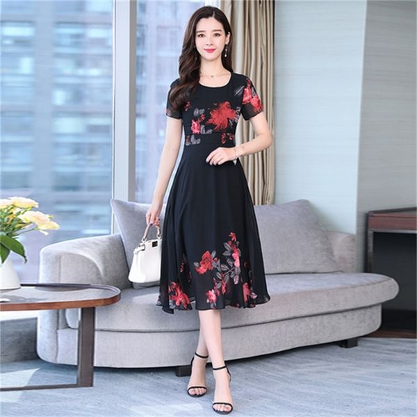 

2021 new summer silk for elegant female midi floral size big party girls dress mujer 127 # kj2122 rgw5, Black;gray