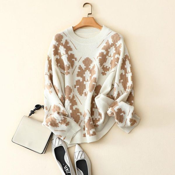 

100% cashmere vintage sweater women winter new styles crew neck long sleeve thick warm outerwear high-end elegant pullovers1, White;black