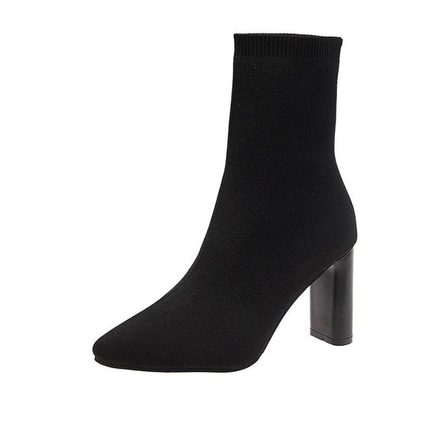 

autumn and winter short boots high heel socks boots women wild pointed stretch knit socks short tube thin, Black