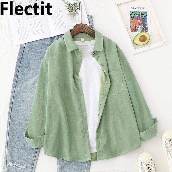 

flectit corduroy shirt for women long sleeve lapel collar front pocket button-down shirt female * 201125, White
