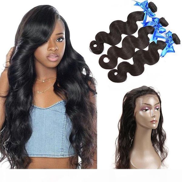 

brazilian human hair 3 bundles with 360 full lace frontal with baby hair body wave remy hair weave with lace frontal closure, Black