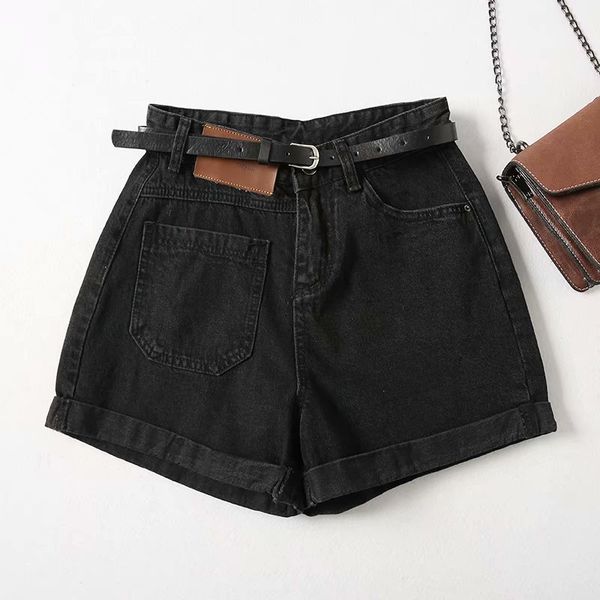 

2021 new spring and summer solid high-waist casual asymmetric fashion curl pocket denim leg wide shorts female belt 0mxr, Blue