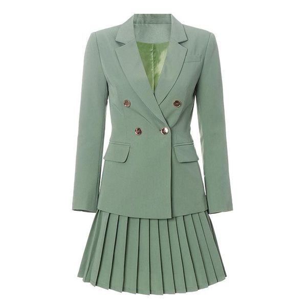 

two piece dress boutique gentle style skirt set slim suit jacket short pleated army green light luxury fashion office lady, White