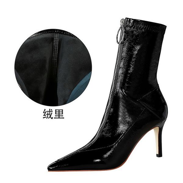 

2021 new european night windy store heels, heels and shiny lacquered front zipper, thin boots rkre, Black