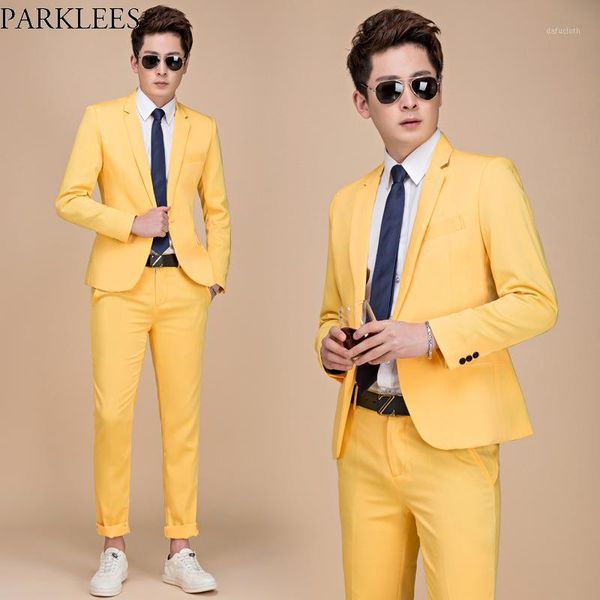 

mens party vacation colorful suits with pants 2020 brand new slim fit one button 2 pieces suit (jackets+pants) men terno yellow1, White;black