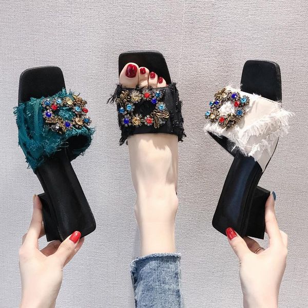 

slippers heel square open toe thick female colorful crystal galdiator shoes summer woman slides 20211, Black