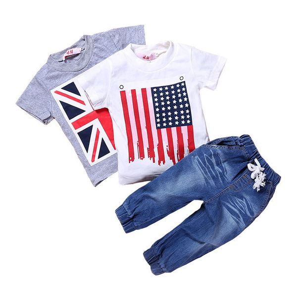 

children clothing 3 pcs sets summer kids boys clothes outfit 2 pcs cotton short sleeve and jeans children costume 2-7 year t200707, White