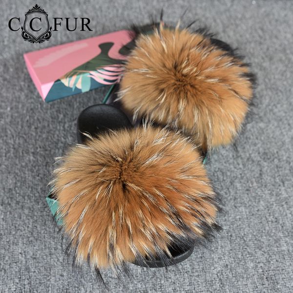 

14cm wider fur slides fashion real raccoon fur slippers women's sliders summer autumn indoor lady s6047 y200706, Black