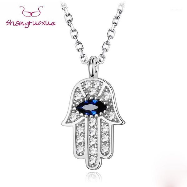 

pendant necklaces boho blue eye real 925 sterling silver zircon hamsa hand of fatima necklace lady crystal jewelry choker vintage necklace1