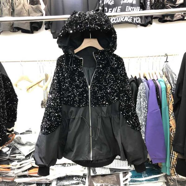 

2021 autumn fashion women's long sleeve high street sequin patchwork drawstring hooded trench coat female outwear a4384, Tan;black