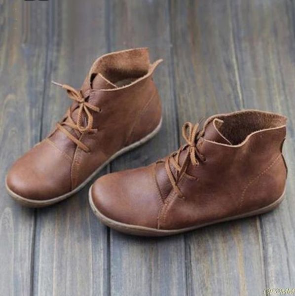 

women pu leather ankle boots ladies retro shoes woman flats lace up light weight soft bottom sewing women's shoes new, Black