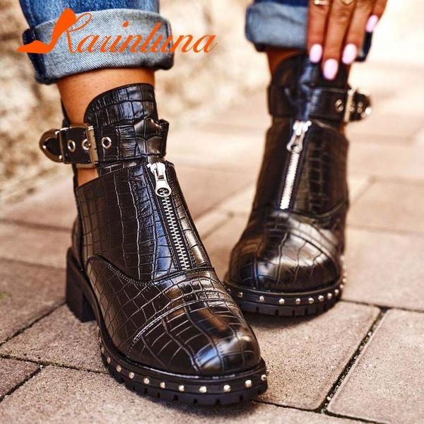 

boots shoes brand design buckle round toe rivet suqare thick heels fashionable stylish ankle, Black