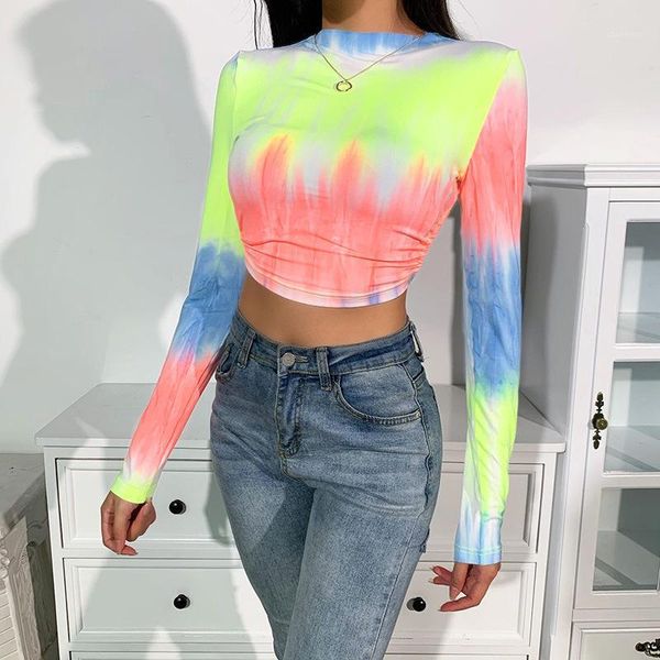 

women tie-dye backless t-shirts long sleeves crop hollow bandage lace up round neck tee autumn arrive1, White