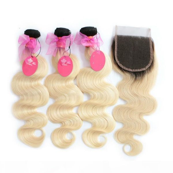 

hair products brazilian human hair ombre blonde hair bundles with lace closure 1b 613 body wave color remy wefts #luy, Black;brown