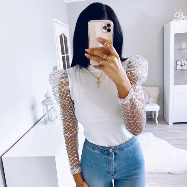 

women glitter mock neck mesh casual blouse casual solid long puff sleeve korean style see through shirt1, White