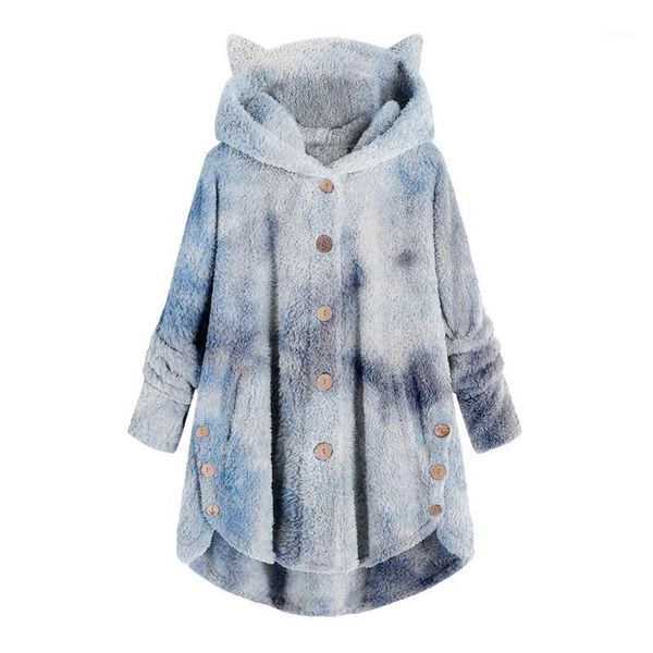 

fashion coat women tie-dyed print cat ears hooded large size long sleeve button sweater warm casual plush pocket sweaters1, White