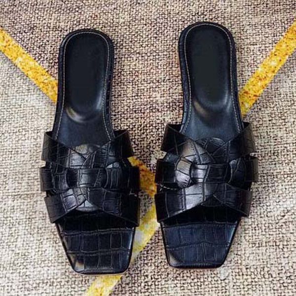 

2021 с коробкой женщина высокое качество натуральные кожаные тапочки сандалии плоские каблуки сандалии обуви обувь скользные обувь флипп шце, Black