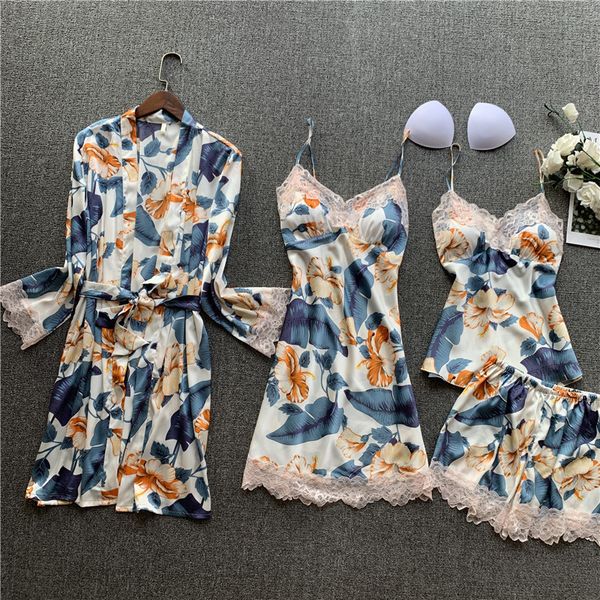

robe leaves clothing bathrobe sets female lace satin sling pajama print silk sleepwear home lingerie nightwear rakbp
